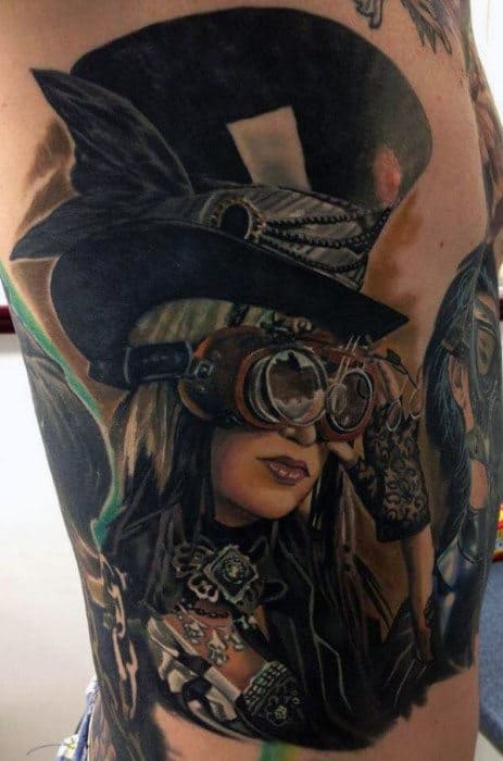 Mens Torso Cool Steampunk Lady With Black Hat Tattoos