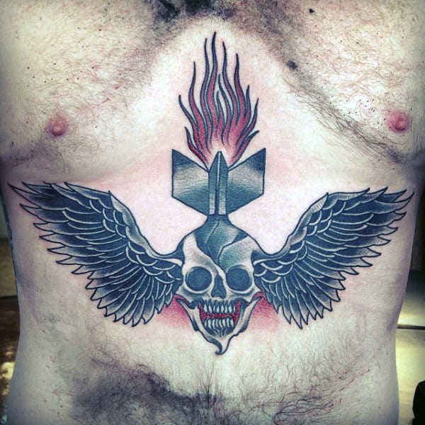 Mens Torso Flaming Bomb Skull With Wings Tattoo