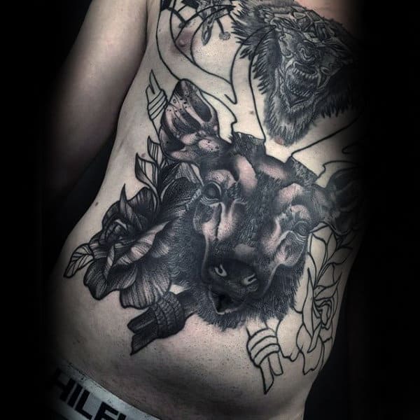 Mens Torso Horrendous Beast And Flowers Dotwork Tattoo Designs