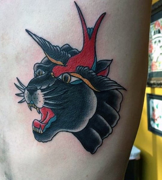 Mens Torso Red Sparrow On Leopard Head Tattoo