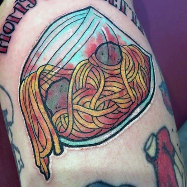 Mens Torso Spaghetti In Glass Jar Food Tattoo