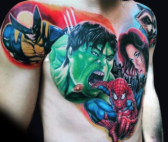 Mens Torso Spiderman And Hulk Tattoo