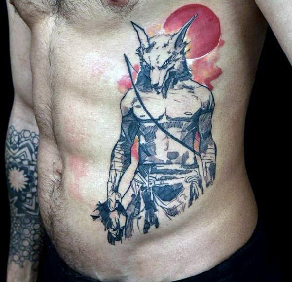 Mens Torso Warrior With Fox Head Tattoo
