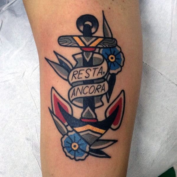 Mens Traditional Anchor With Banner Arm Tattoo Design