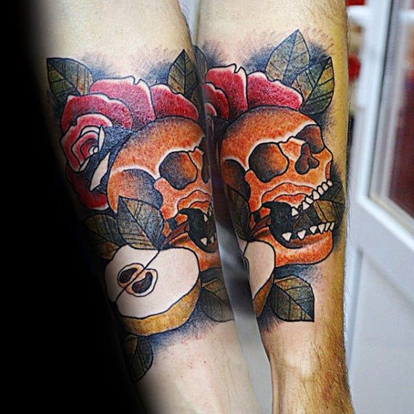 Mens Traditional Apple With Orange Skull And Rose Flower Forearm Tattoo