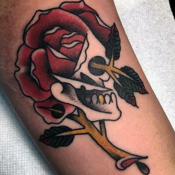 Mens Traditional Arm Rose Flower Skull Morph Tattoo