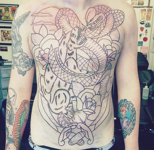 Mens Traditional Badger Cobra Snake Full Chest Tattoos