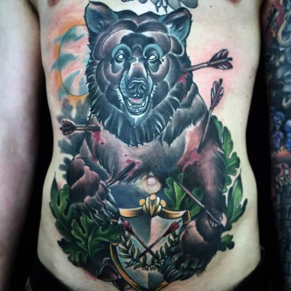 Mens Traditional Bear With Arrows Chest Tattoo Design