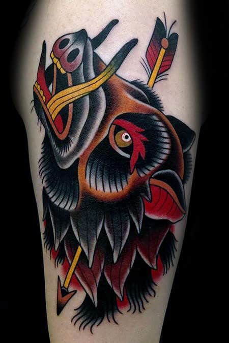 Mens Traditional Boar With Arrow Tattoo Design On Arm