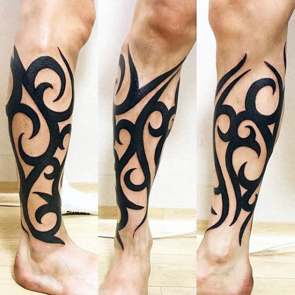 Mens Traditional Bold Tribal Black Ink Leg Tattoos