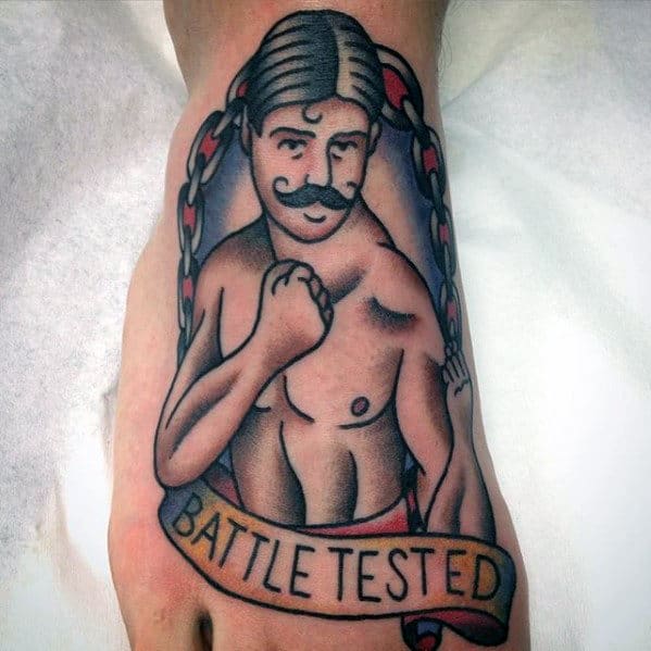 Mens Traditional Boxer Battle Tested Banner Foot Tattoo
