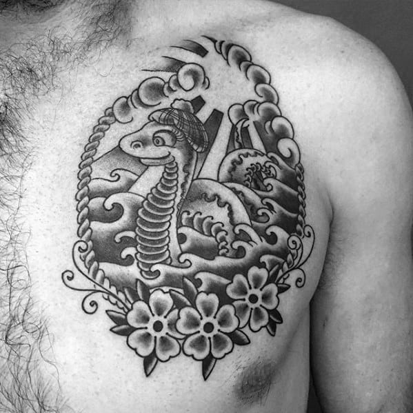 Mens Traditional Chest Loch Ness Monster Tattoo Design Ideas