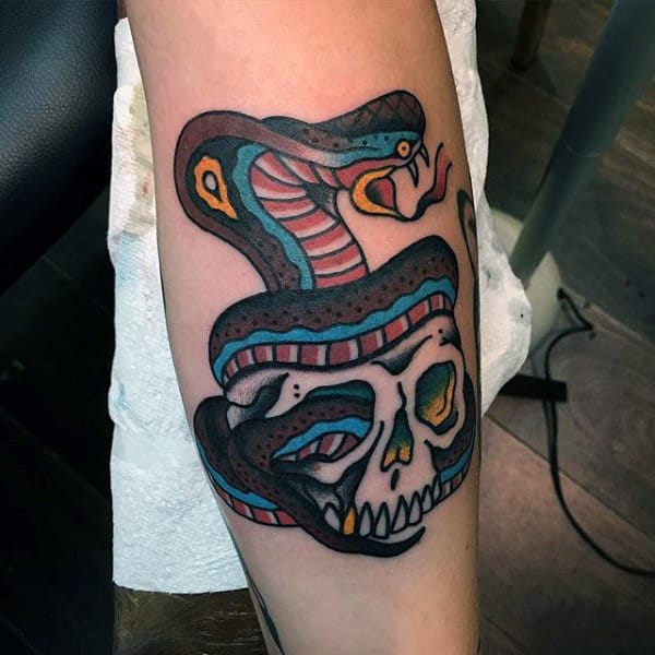 Mens Traditional Cobra Snake With Skull Forearm Tattoo