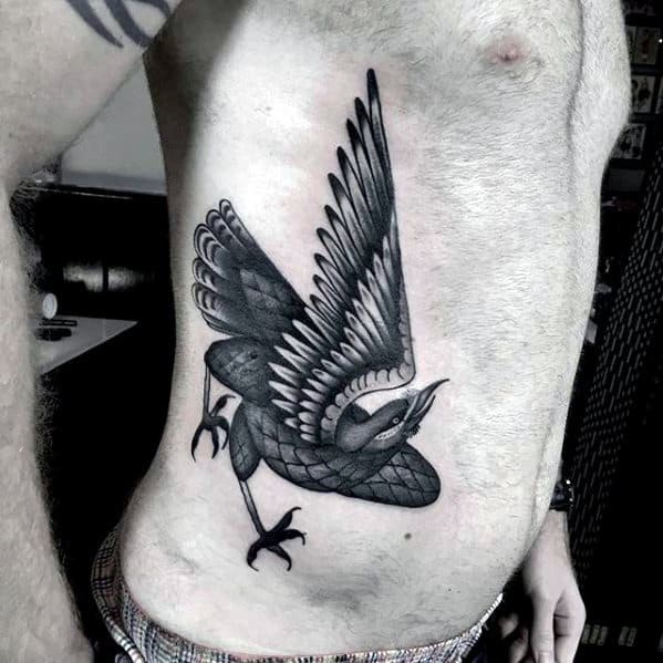 Mens Traditional Crow Rib Cage Side Tattoos