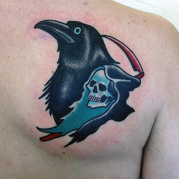Mens Traditional Crow With Grim Reaper Upper Back Tattoo
