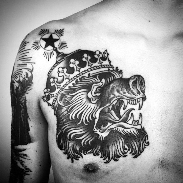 Bold black and grey chest tattoo of a roaring crowned bear with fine linework and a star above its head.