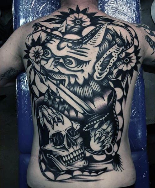 Mens Traditional Demon With Skull Full Back Tattoo