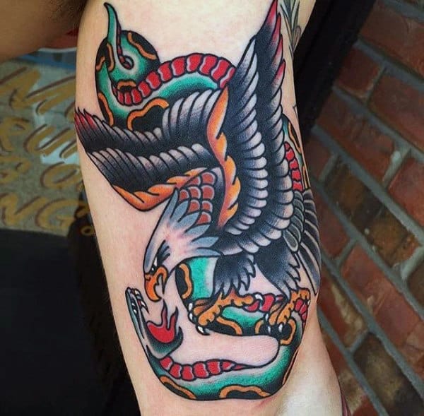 Mens Traditional Eagle And Snake Inner Arm Bicep Tattoo Ideas