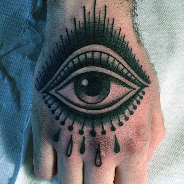 Mens Traditional Eye With Tears Hand Tattoo