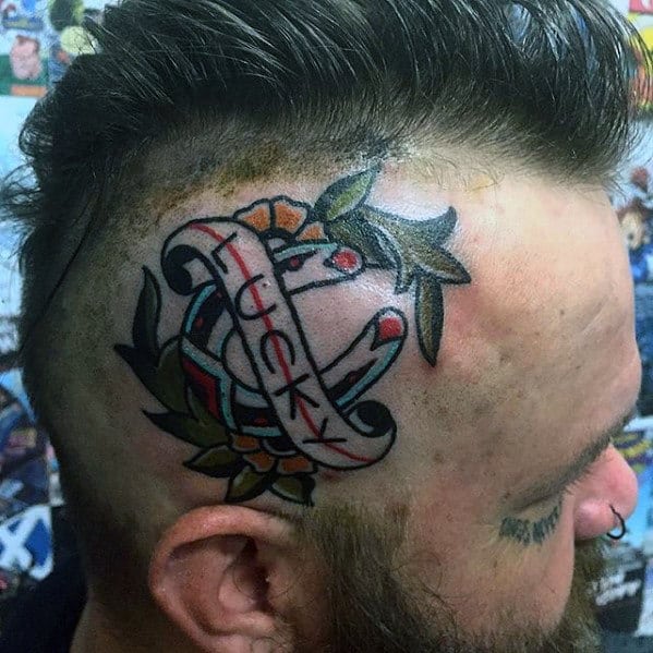 Mens Traditional Horseshoe Lucky Head Tattoo