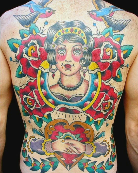 Mens Traditional Horseshoe With Female Portrait Back Tattoo