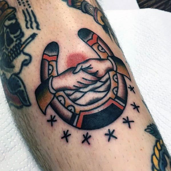 Mens Traditional Horseshoe With Handshake Forearm Tattoo