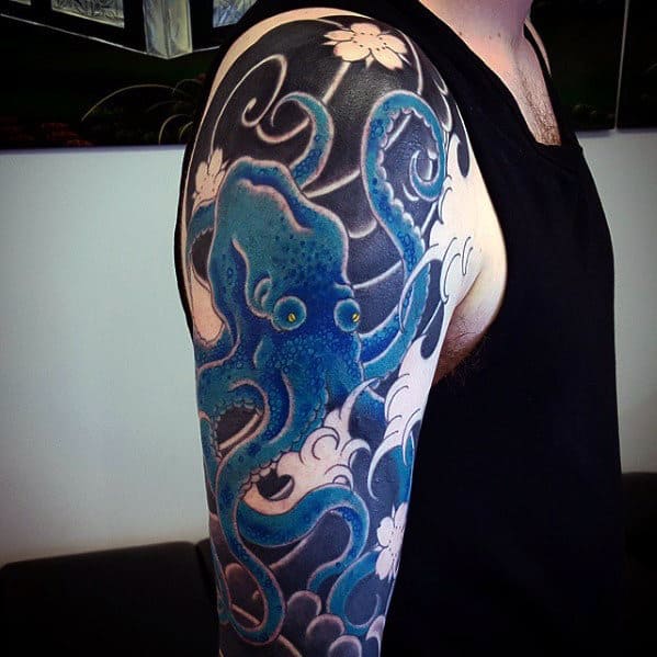Mens Traditional Japanese Blue Octopus Half Sleeve Tattoos