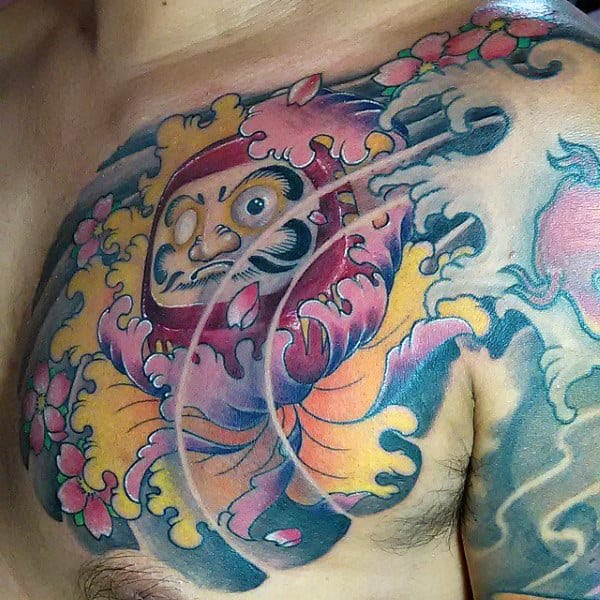 Mens Traditional Japanese Daruma Doll Chest Tattoo Designs