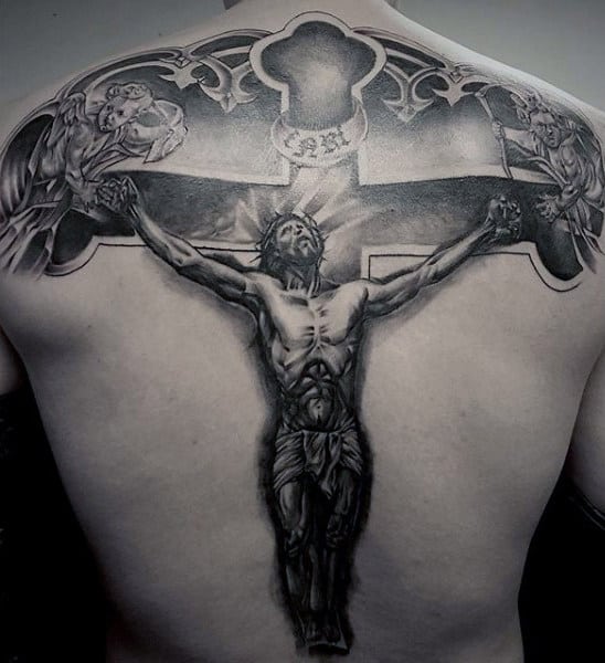Mens Traditional Jesus Christ On Cross Back Tattoo