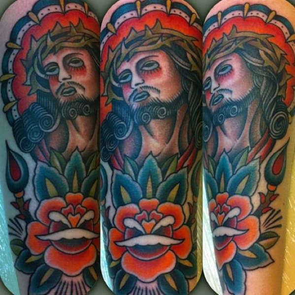 Mens Traditional Jesus Portrait Forearm Tattoo