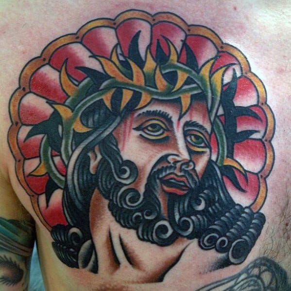 Mens Traditional Jesus Upper Chest Tattoo