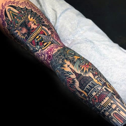 Mens Traditional Leg Castle King Tattoo