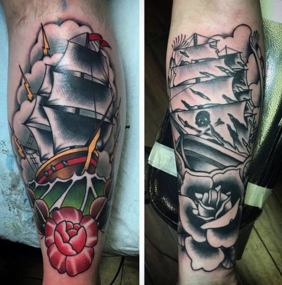 Mens Traditional Leg Sailing Ship Tattoo Ideas