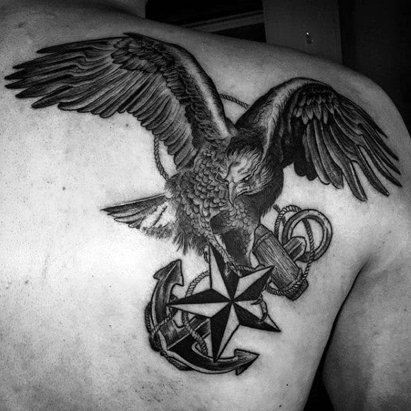 Mens Traditional Navy Hawk With Anchor And Star Tattoo On Chest