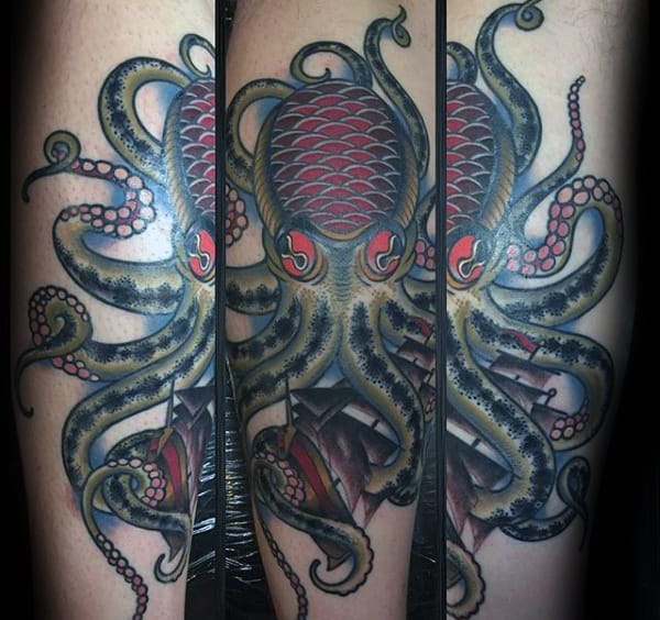 Mens Traditional Octopus Old School Leg Tattoos