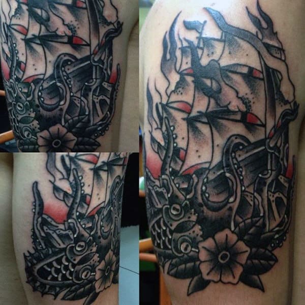 Mens Traditional Octopus Sailing Ship Arm Tattoos