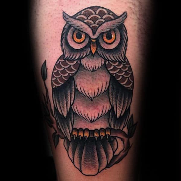 Mens Traditional Owl Sitting On Tree Branch Arm Tattoos