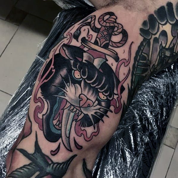 Mens Traditional Panther Dagger Outer Arm Tattoo Ideas