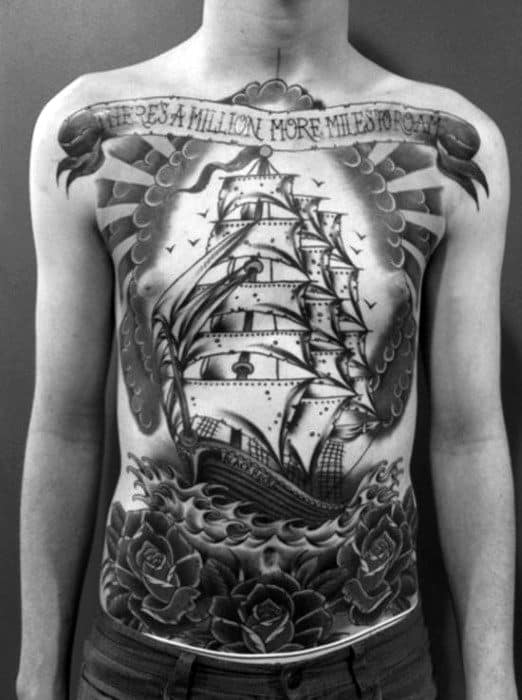 Mens Traditional Sailing Ship Clouds Full Chest Old School Tattoos