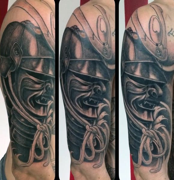 Mens Traditional Shaded Samurai Mask Half Sleeve Tattoo