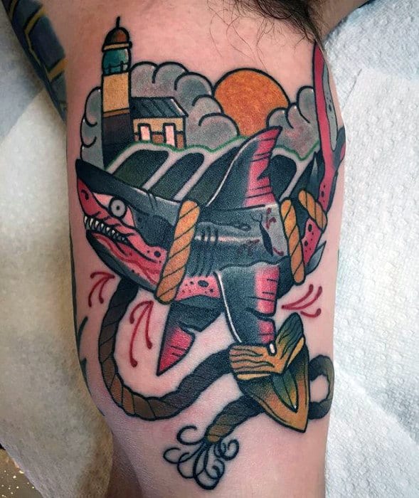 Mens Traditional Shark Rope Inner Arm Bicep Tattoos