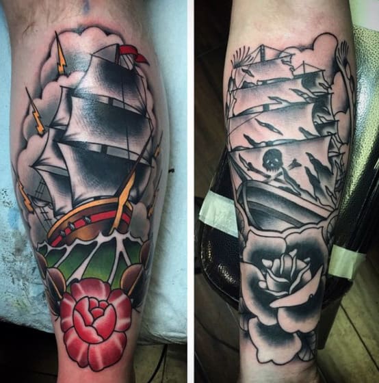 Mens Traditional Shin Tattoos Of Sailing Ship With Rose Flower