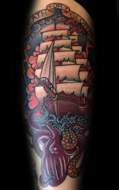 Mens Traditional Ship And Octopus Arm Tattoo Ideas