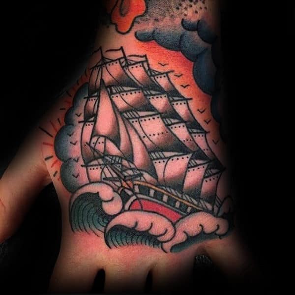 Mens Traditional Ship Hand Tattoos