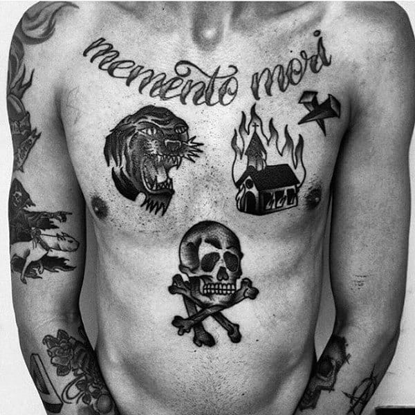 Mens Traditional Skull And Cross Bones Chest Tattoo