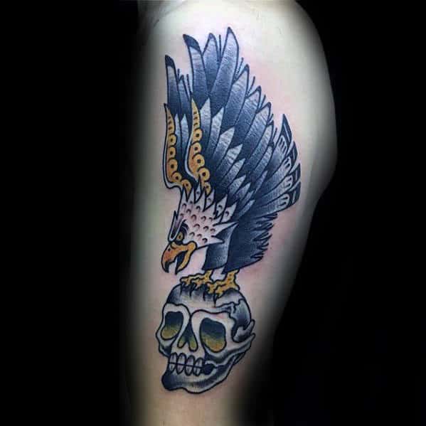 Mens Traditional Skull With Eagle Flying Bird Tattoo On Arm