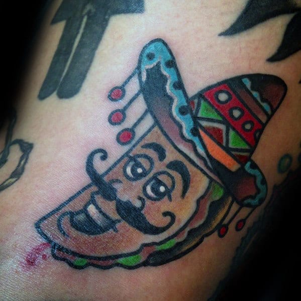 Mens Traditional Small Taco With Sombrero Hat Tattoo On Arm