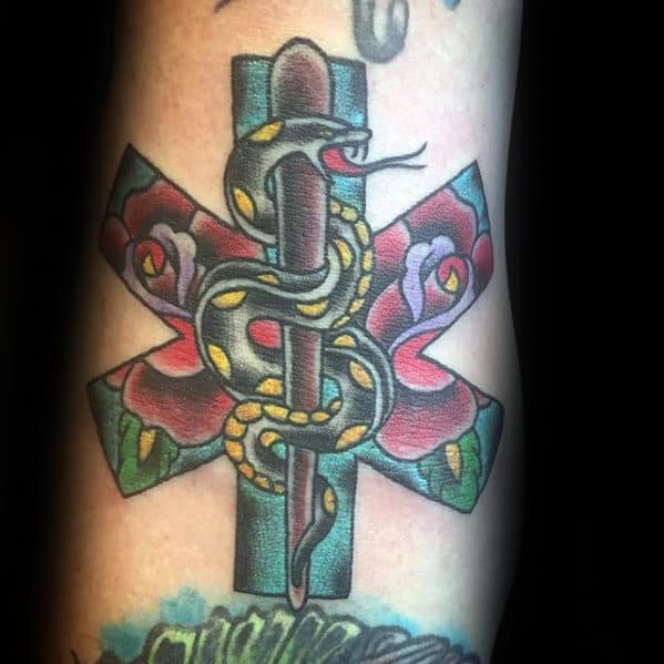 Mens Traditional Star Of Life Rose Flower Arm Tattoos