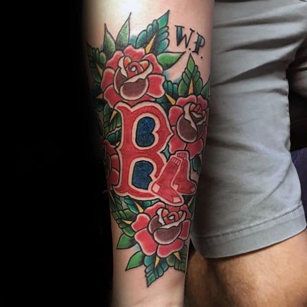 Mens Traditional Tattoo With Boston Red Sox Design Inner Forearm