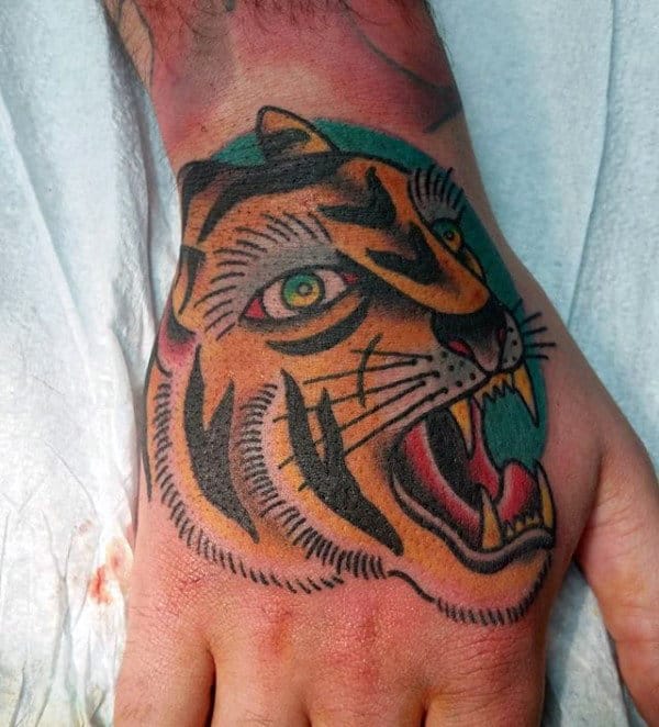 Mens Traditional Tiger Hand Tattoos